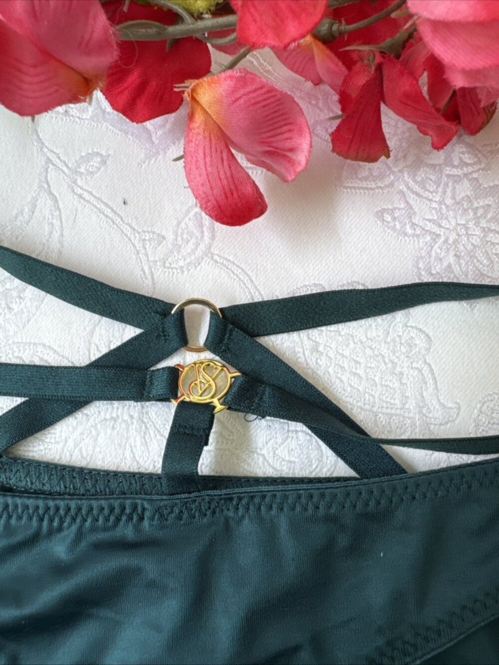 VICTORIA'S SECRET L GREEN GOLD CHARM VERY SEXY STRAPPY SILKY STRING PANTIES NWT - Picture 5 of 8